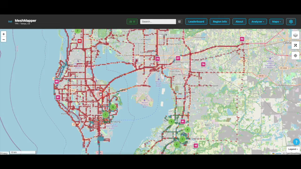 MeshMapper Tampa map view showing active observer coverage and packet activity