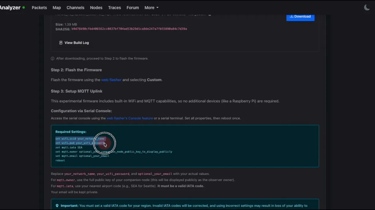 Required settings section for MeshCore observer serial console configuration (Wi‑Fi, MQTT)