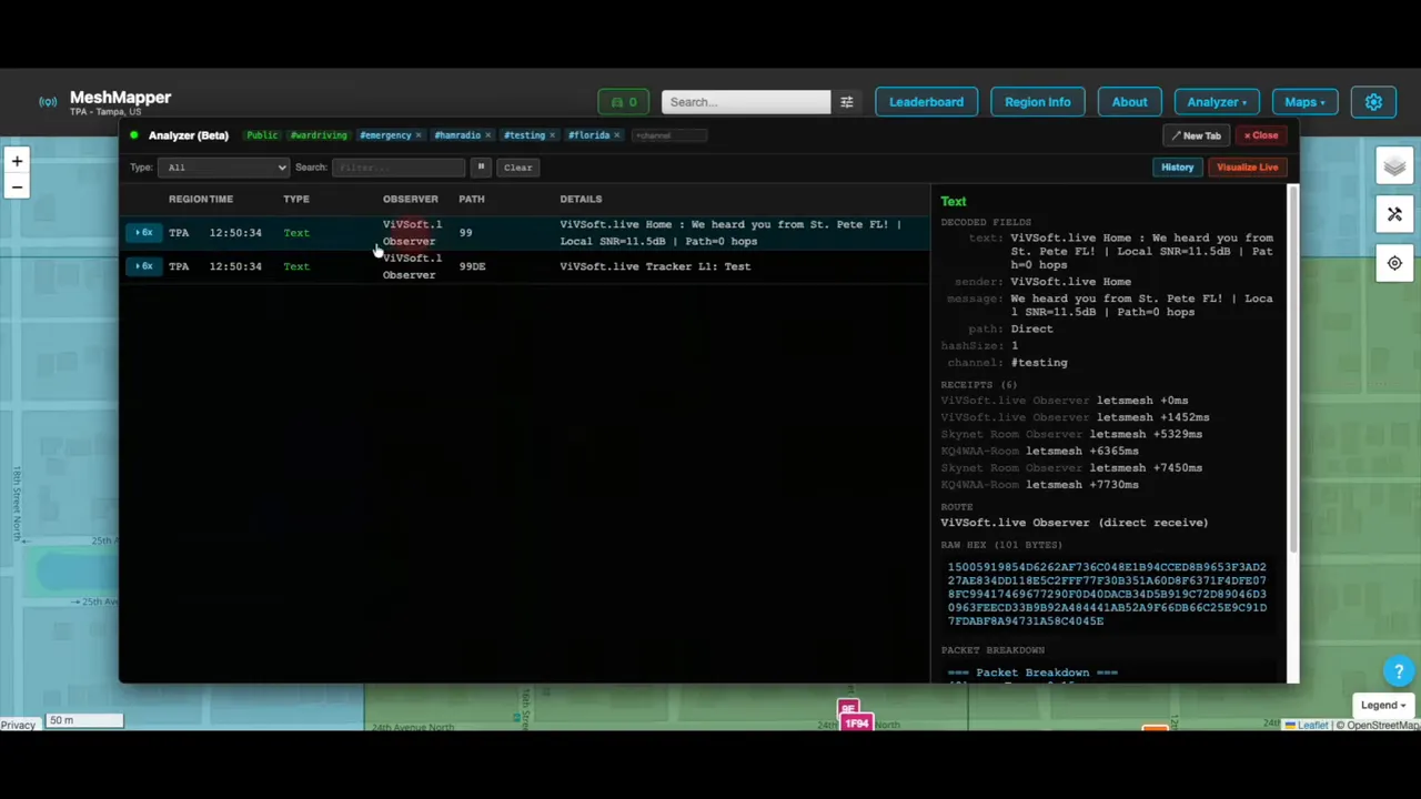 MeshMapper decoded packet details panel showing route and observer timing information