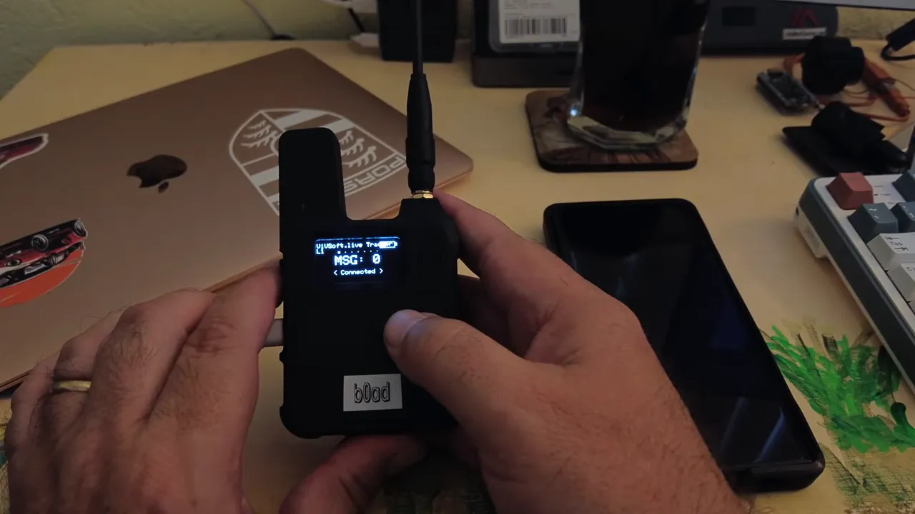 Heltec V3 mesh observer device held with MSG connected display