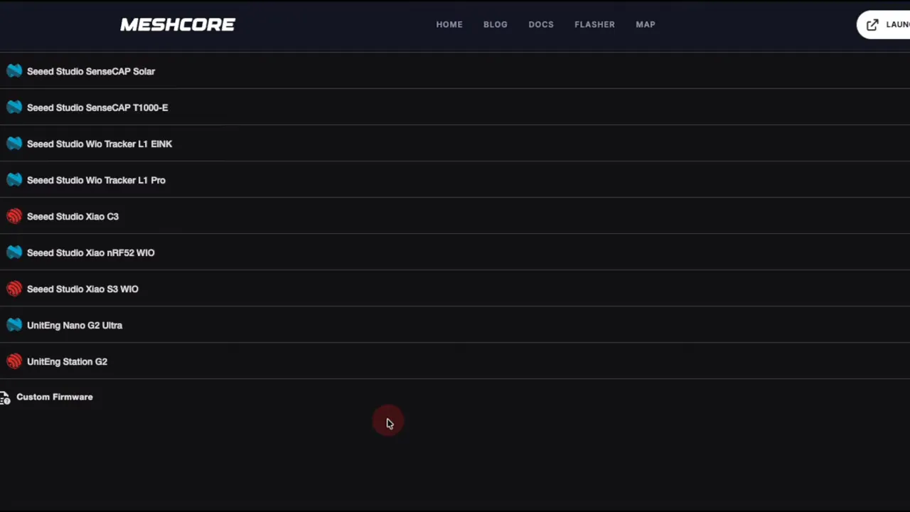 MeshCore flasher showing custom firmware option and device list