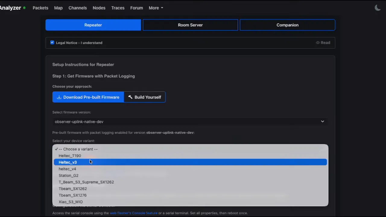 Screenshot of LetsMesh observer firmware instructions with Heltec V3 selected in the device variant dropdown