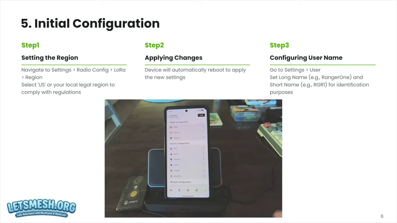 Meshtastic app settings menu on a phone showing Radio configuration and device options