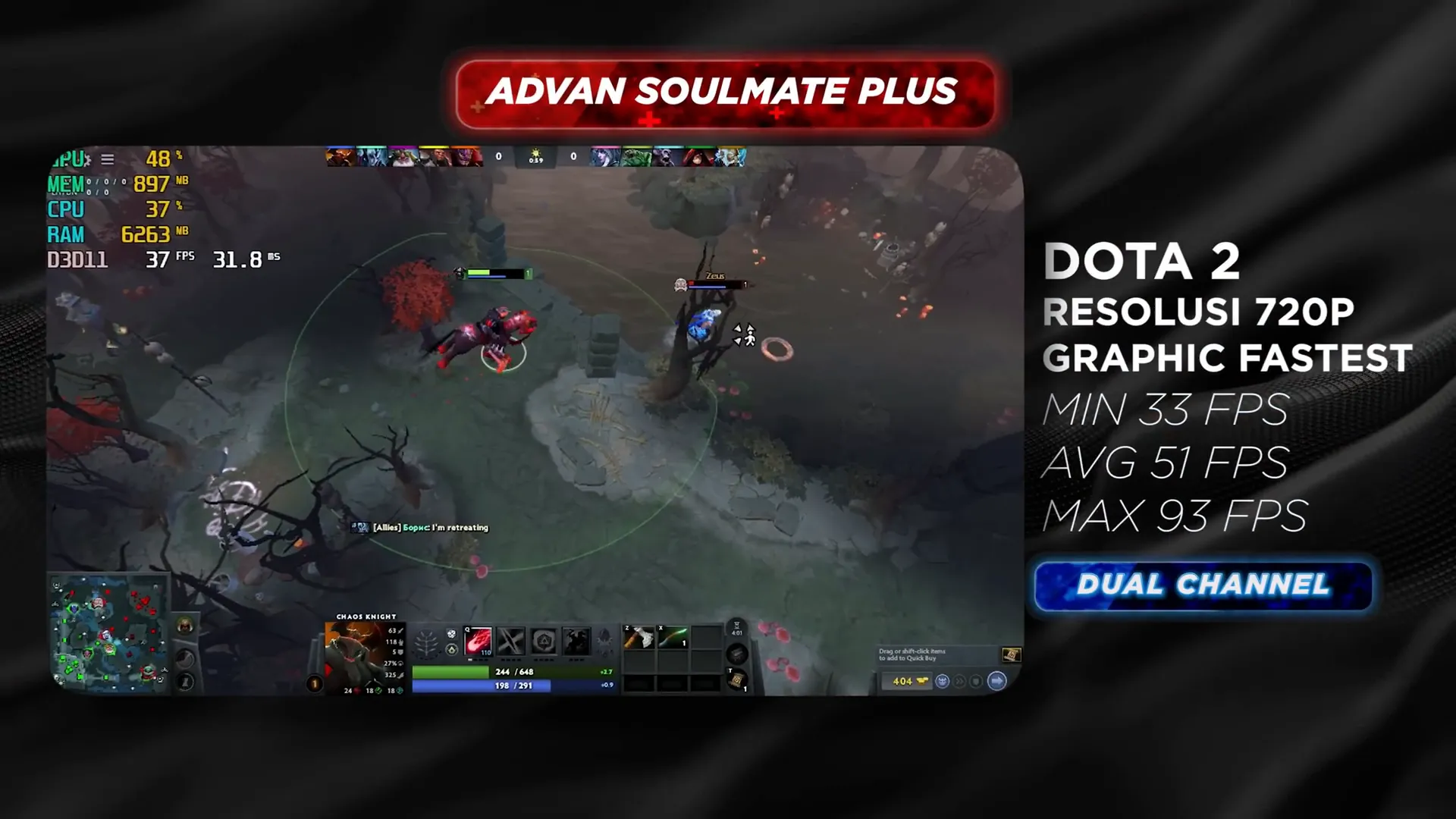 Perbandingan performa gaming DOTA 2 antara Advan Soulmate Plus dengan dan tanpa upgrade RAM serta Zyrex D-Tech