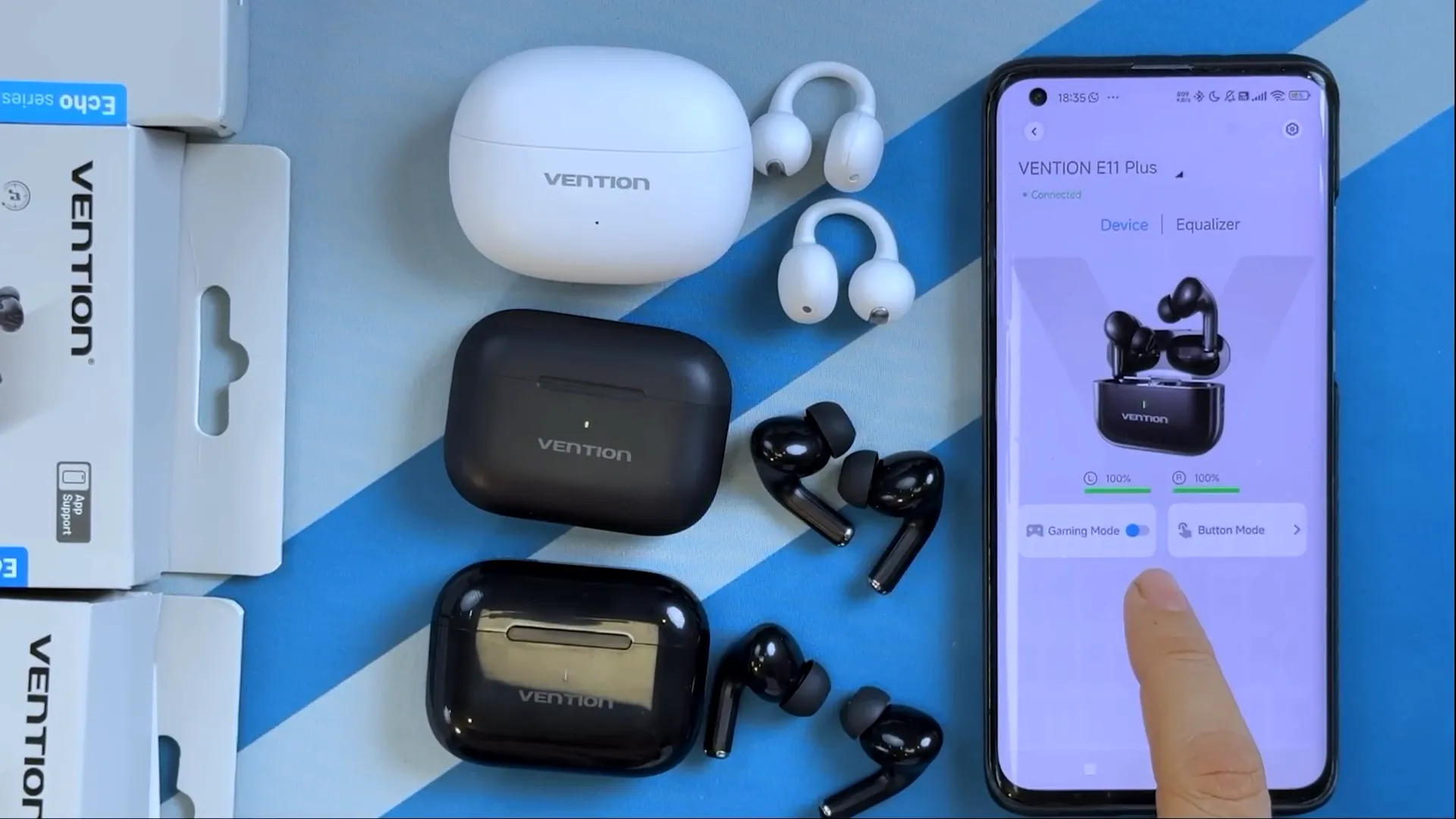 Tampilan aplikasi pengaturan TWS Fention dengan fitur equalizer dan mode gaming