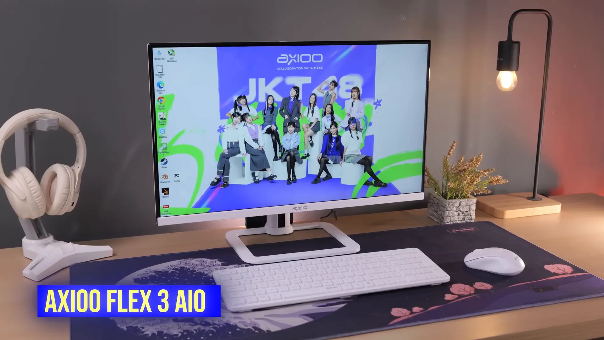 Axioo Flex 3 tampak depan warna putih lengkap dengan keyboard dan mouse wireless