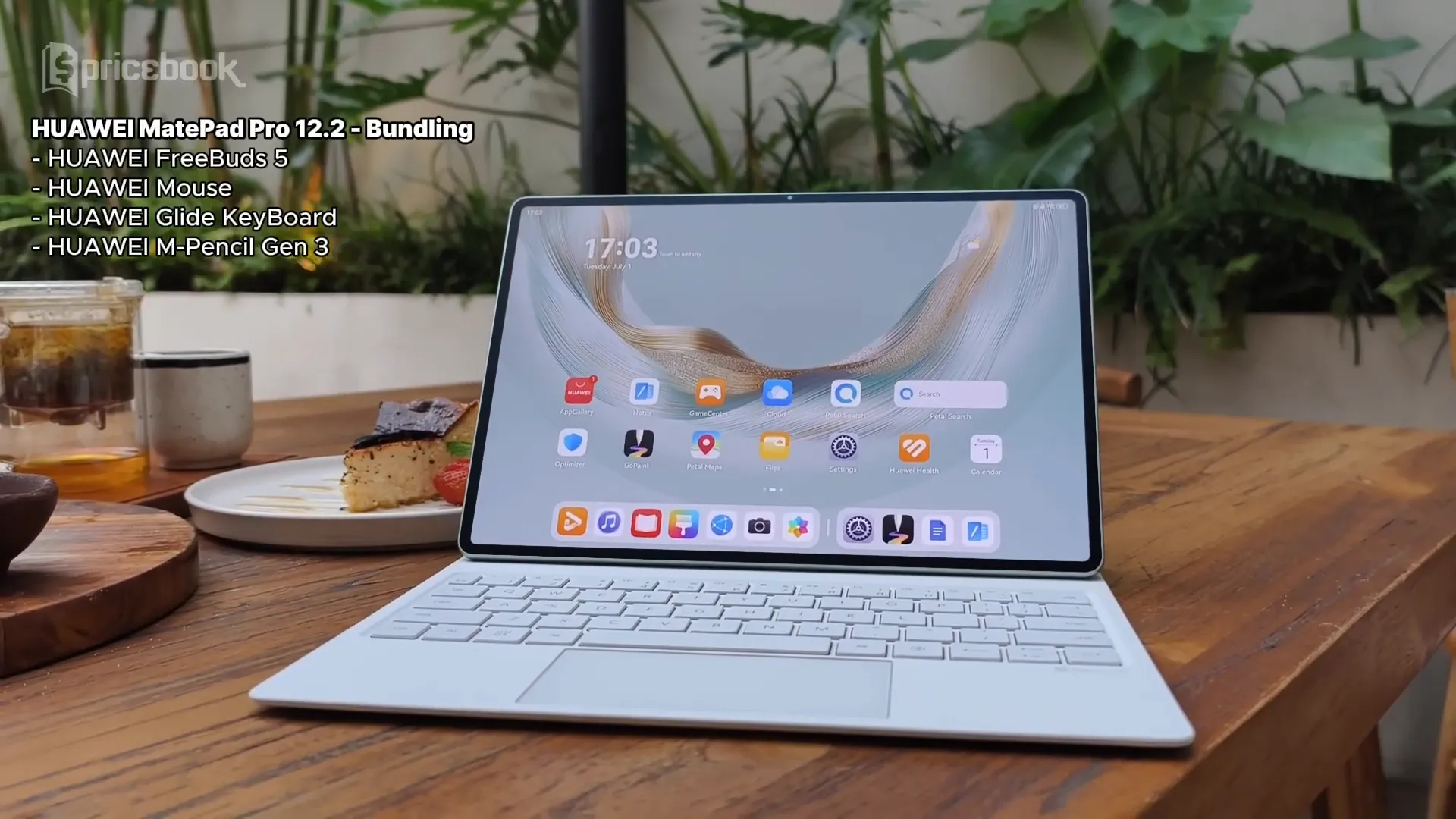 Paket lengkap Huawei MatePad Pro 12.2 dengan keyboard, stylus, dan TWS