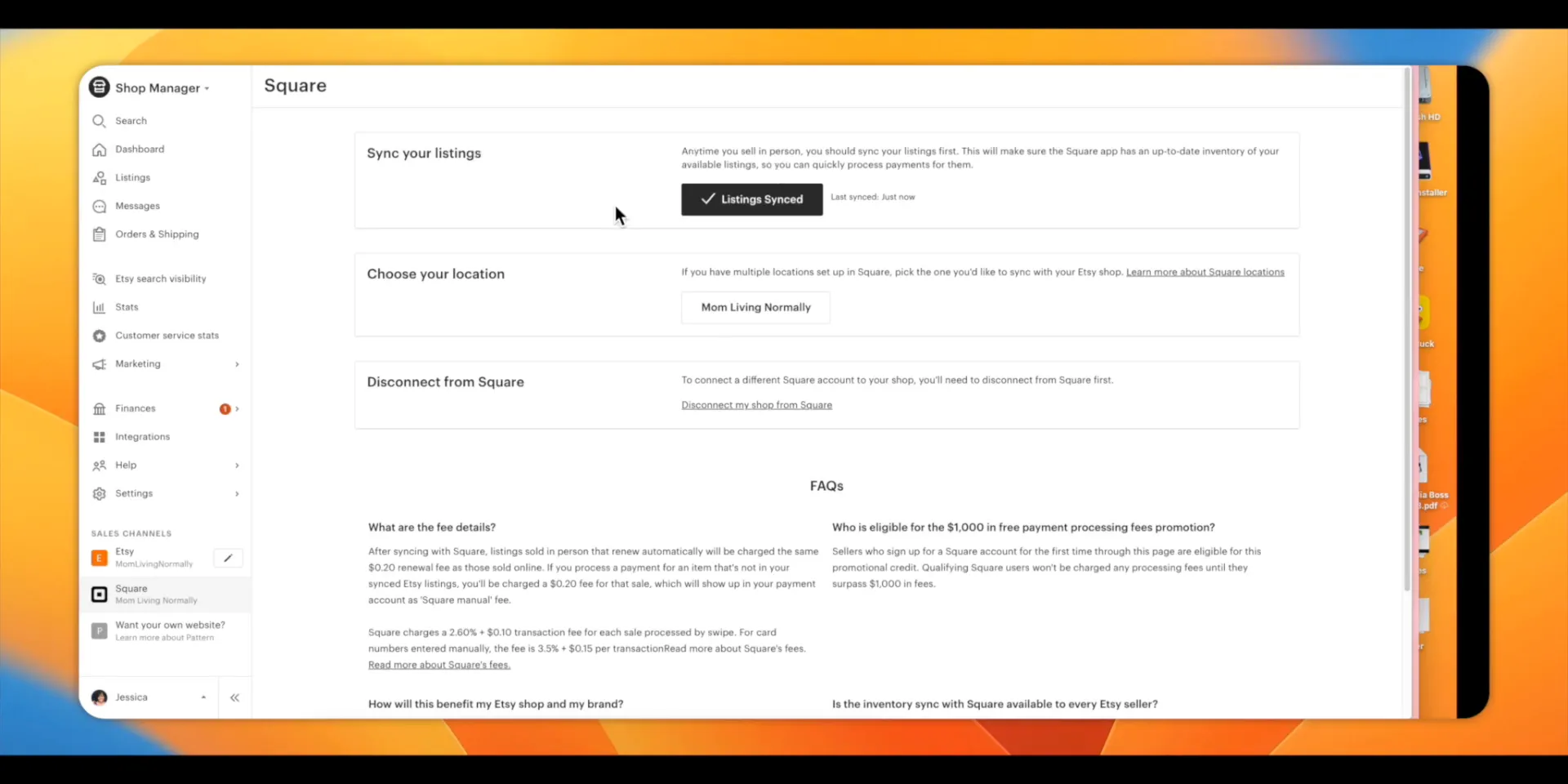 Etsy shop with Square account connected