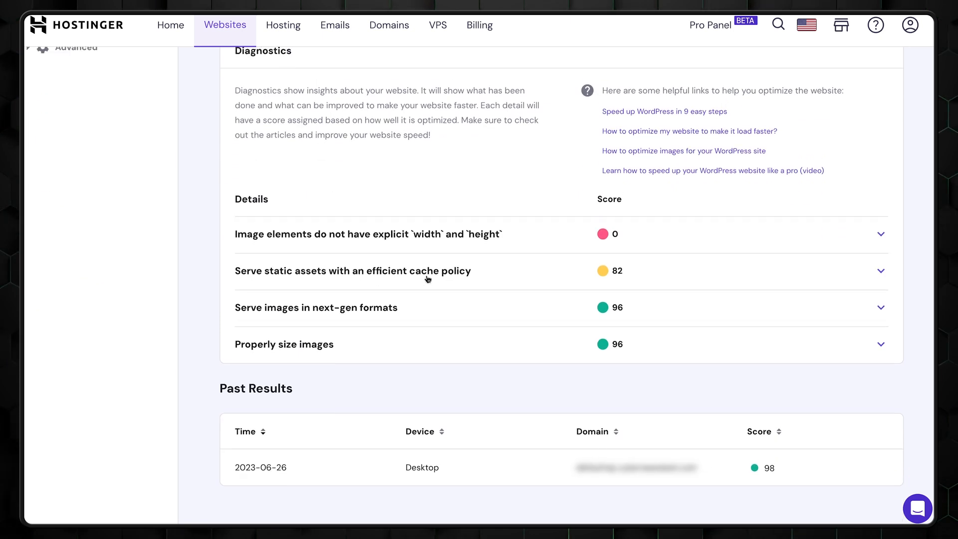 hPanel dashboard overview