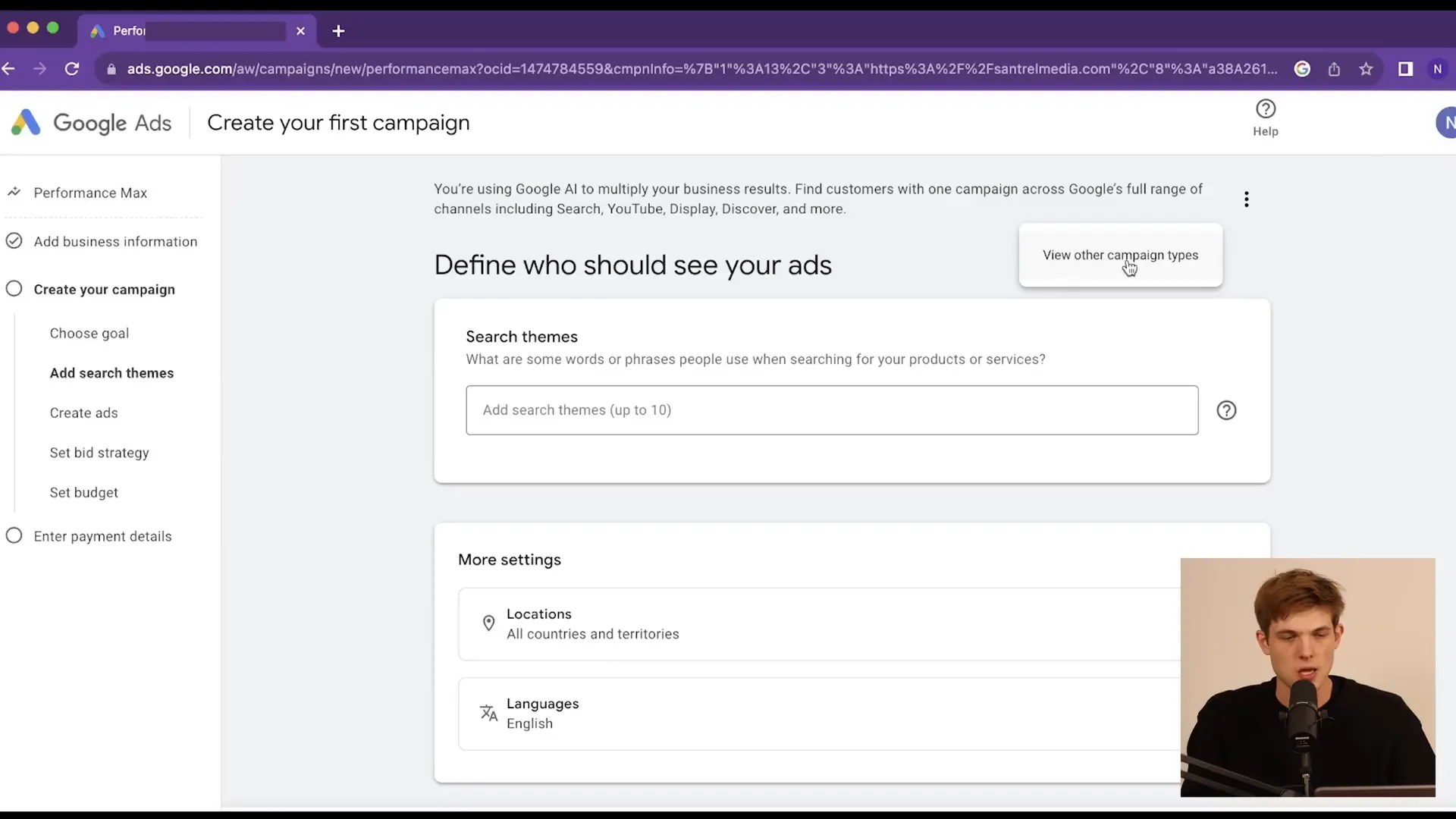 Choosing campaign type in Google Ads