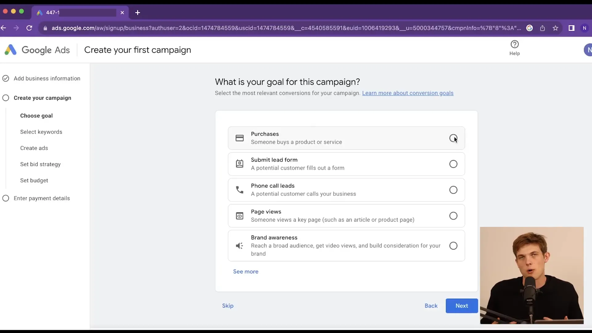 Selecting campaign goals in Google Ads