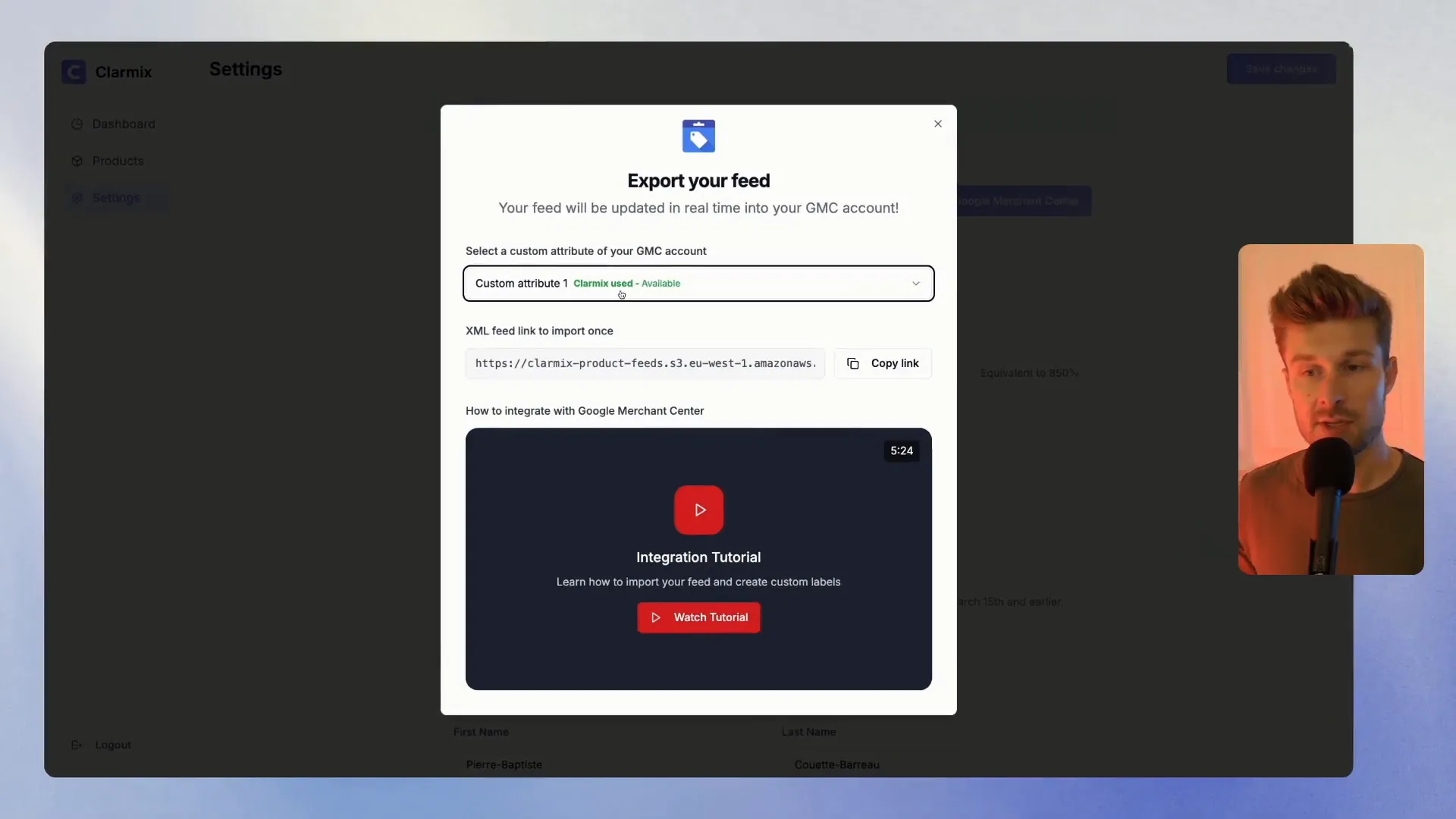 Clarmix dashboard with 'Connect to Merchant Center' button
