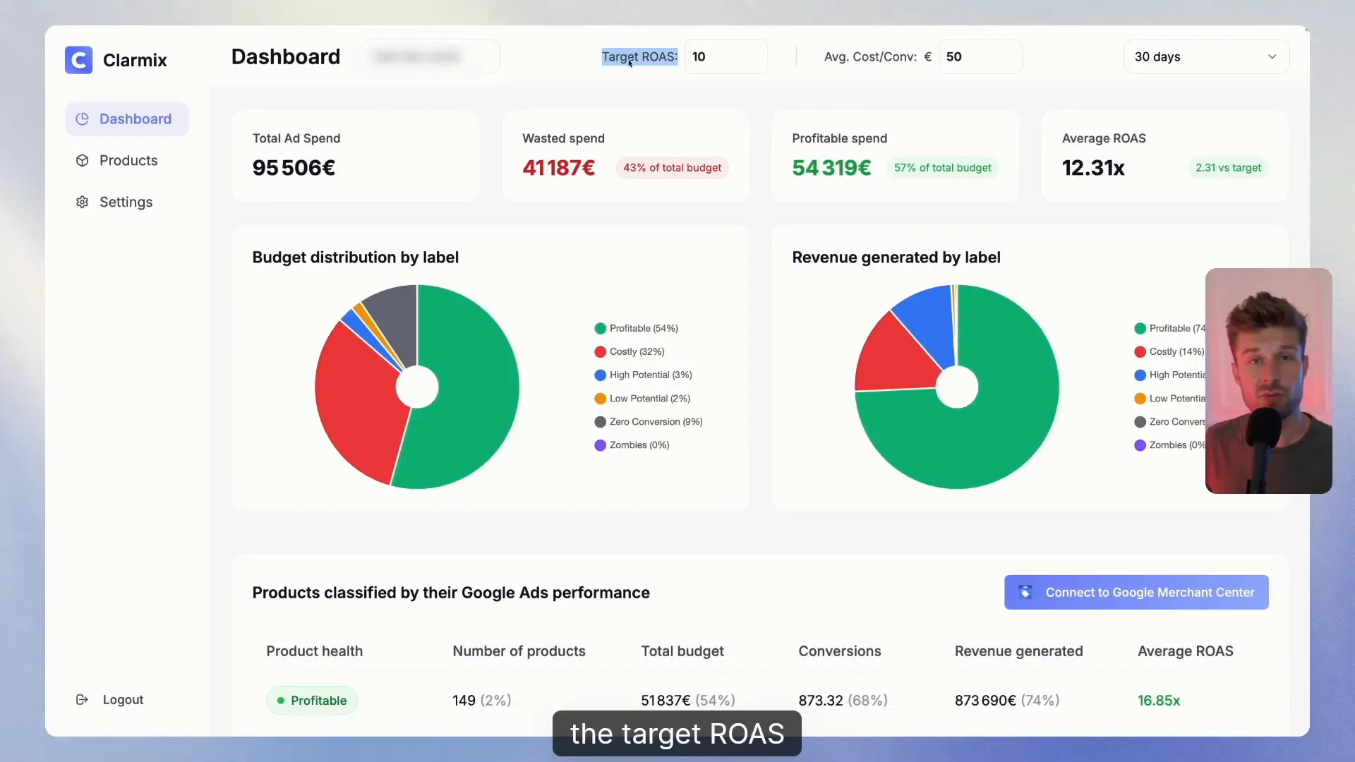Clarmix dashboard overview showing key metrics and settings