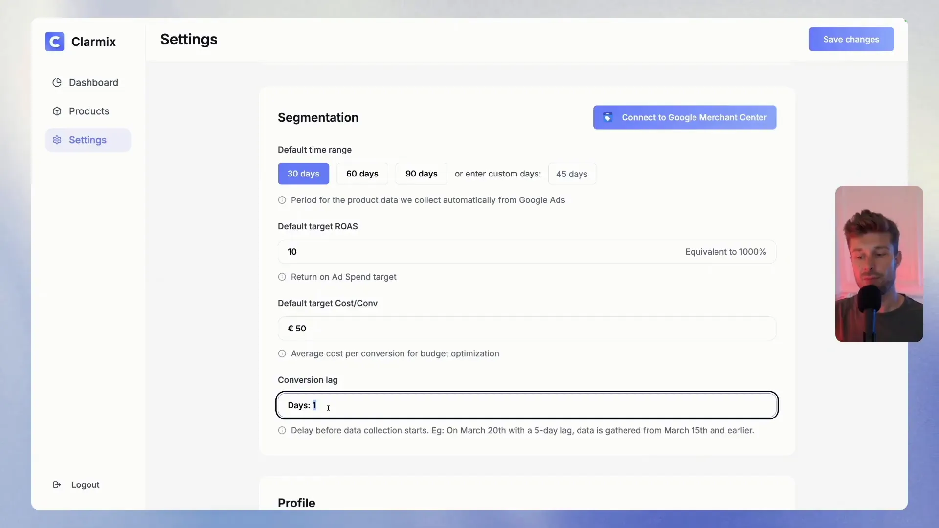 Settings screen with default target cost per conversion and conversion lag options