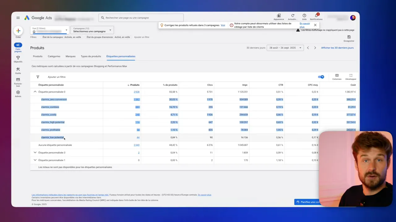 Google Ads product view showing custom_label_0 values assigned to products