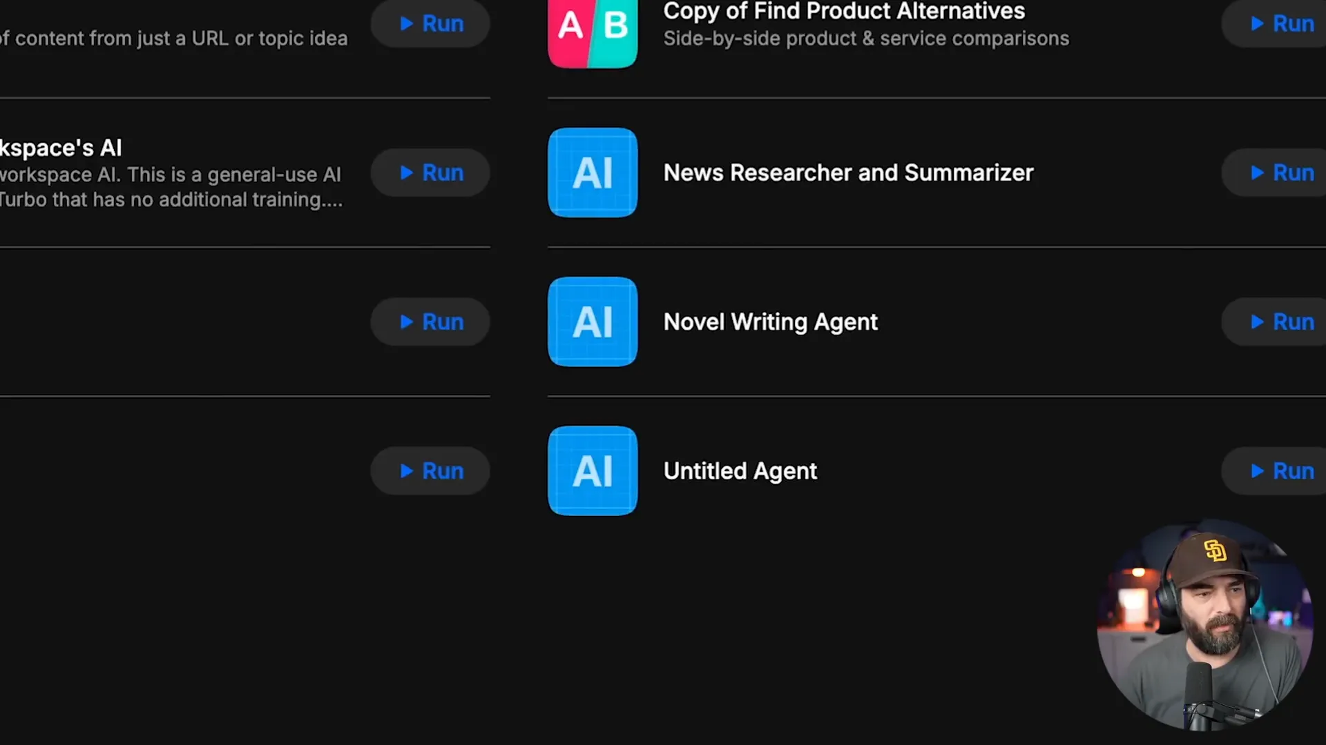หน้าจอแสดงรายการเอเยนต์ที่สร้างขึ้นใน Mind Studio พร้อมชื่อ 'novel writing agent'