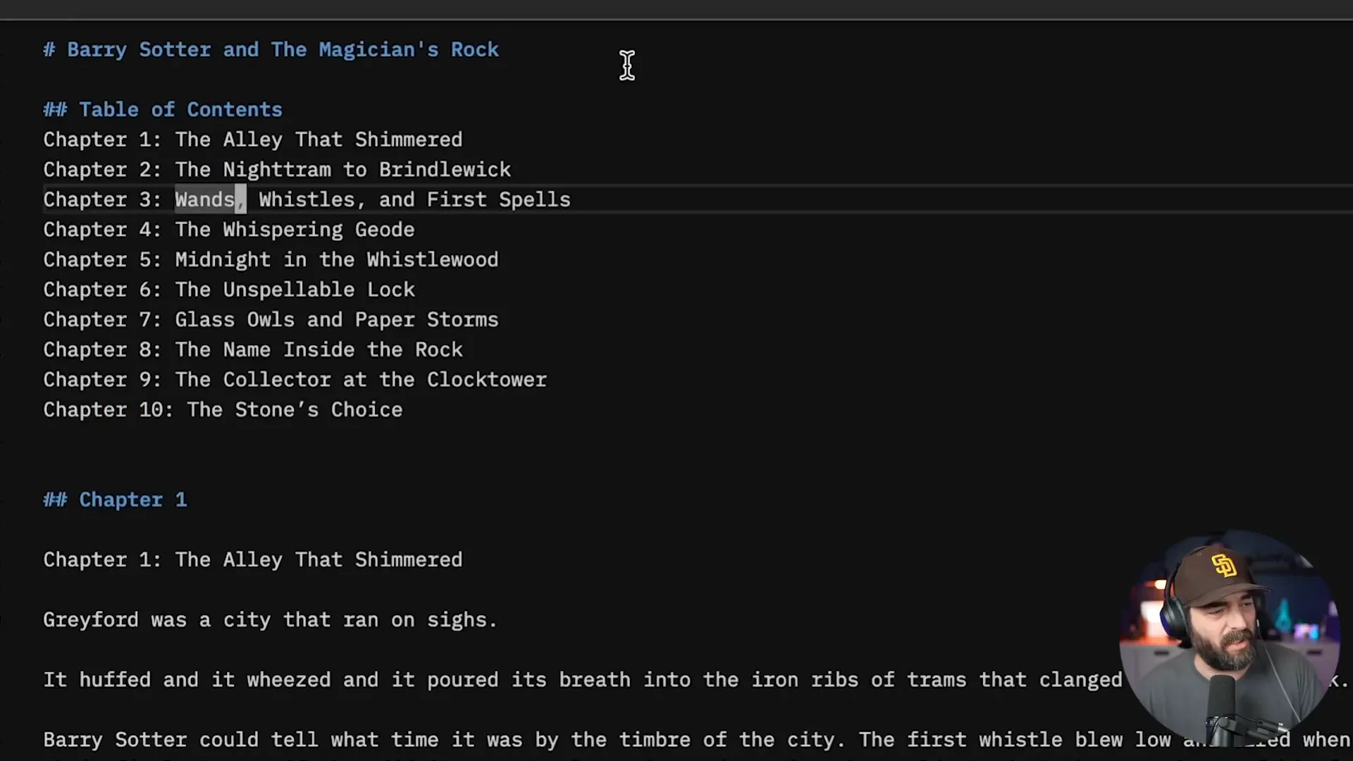 ตัวอย่างสตอรี่อาร์กและบทหน้าต้นของ Barry Sauder and the Magician's Rock