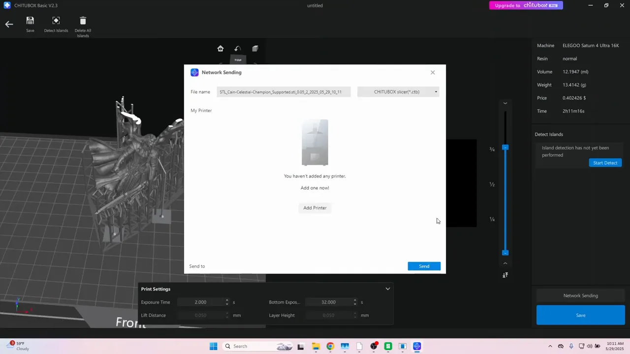 Slicing the model and sending file wirelessly to the printer