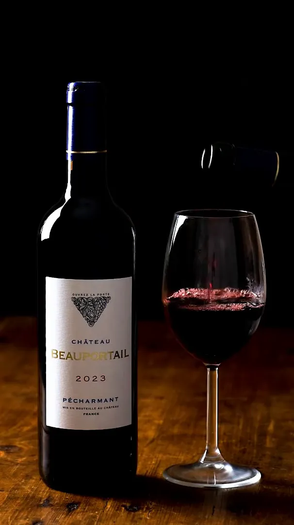 Bottle of Chateau Beauportail 2023 next to a glass being poured with red wine