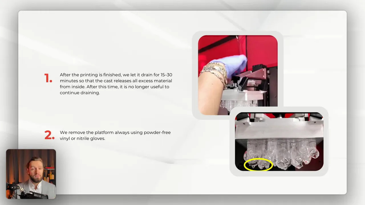 Slide explaining 15–30 minute drain and safe platform removal with gloved hand and cast detail