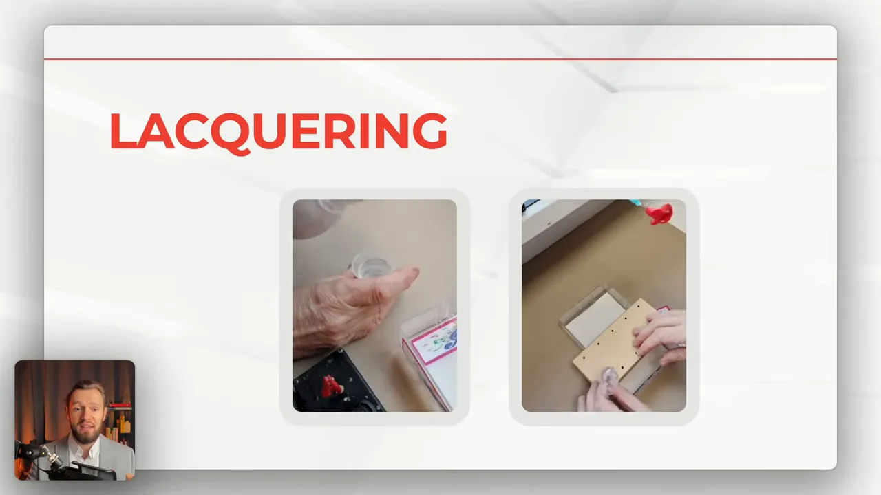 Presentation slide titled 'LACQUERING' with two close-up photos of hands applying lacquer/working on parts and a small presenter inset.