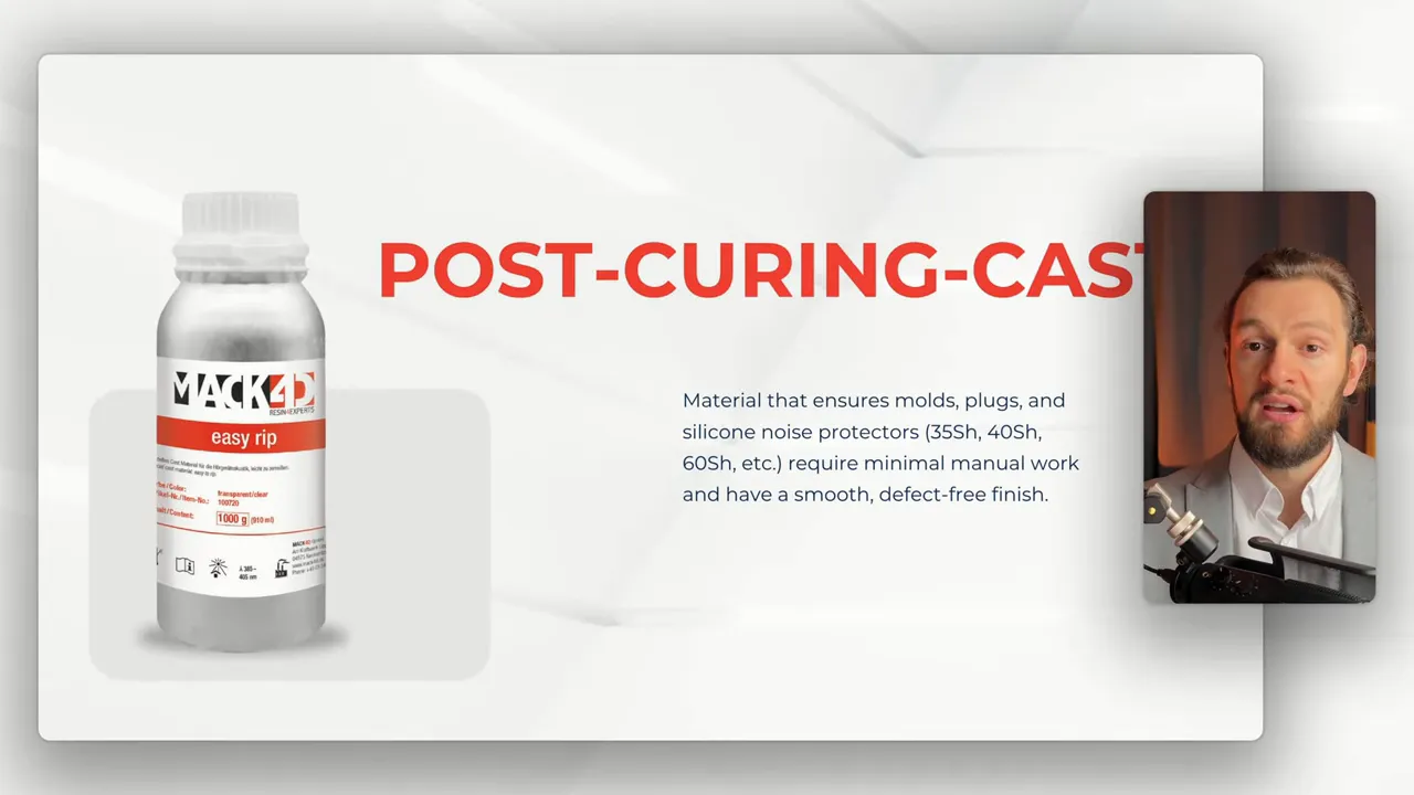 Slide with MACK4D Easy Rip resin bottle, large 'POST‑CURING' heading and presenter inset
