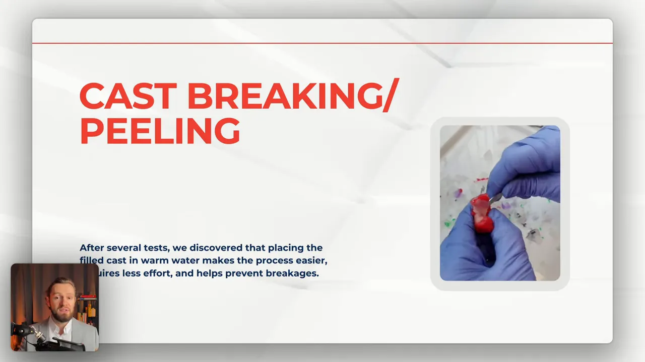 Presentation slide titled 'CAST BREAKING/PEELING' with a close-up inset of gloved hands using a small blade to break and peel a red cast.