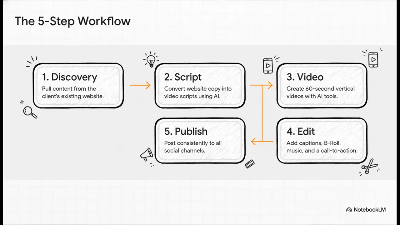 Workflow diagram showing content to AI script to short videos to publish