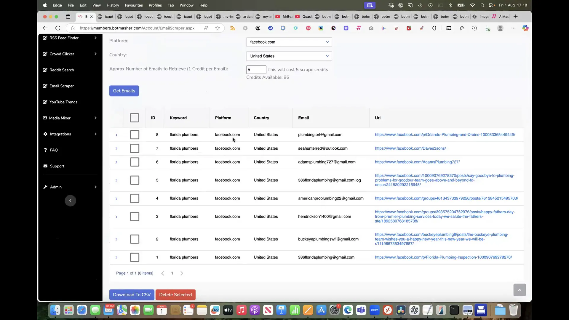 Email Masher showing scraped emails for Florida plumbers