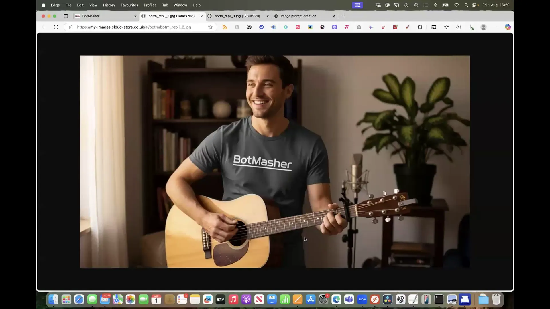 Image created by BotMasher AI showing a man playing guitar with BotMasher T-shirt