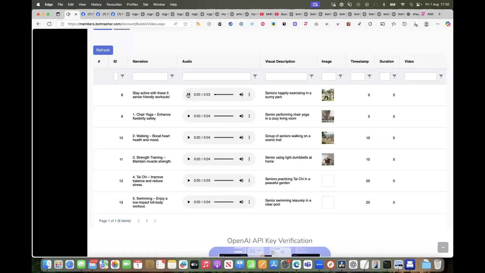 AI Shorts video creation interface with senior workouts script and images
