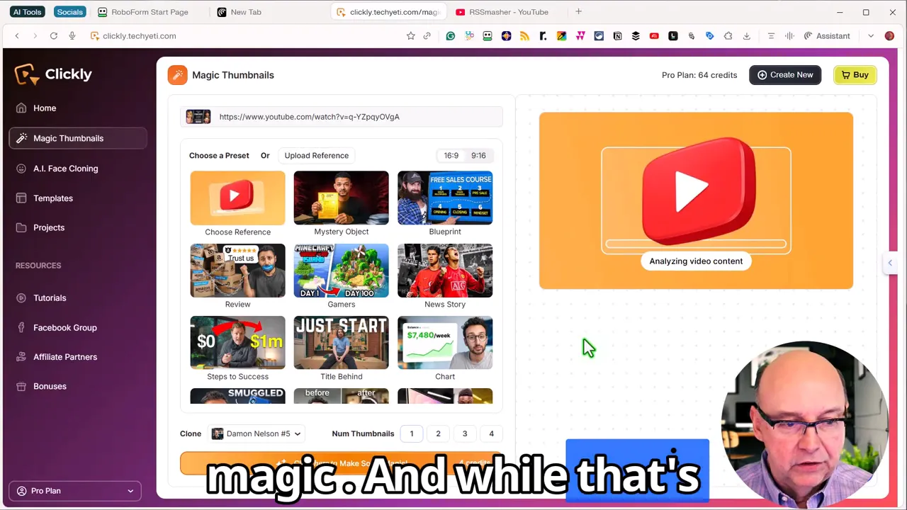 Clickly Magic Thumbnails screen with the app header showing 'Pro Plan: 64 credits' and a prominent Buy button