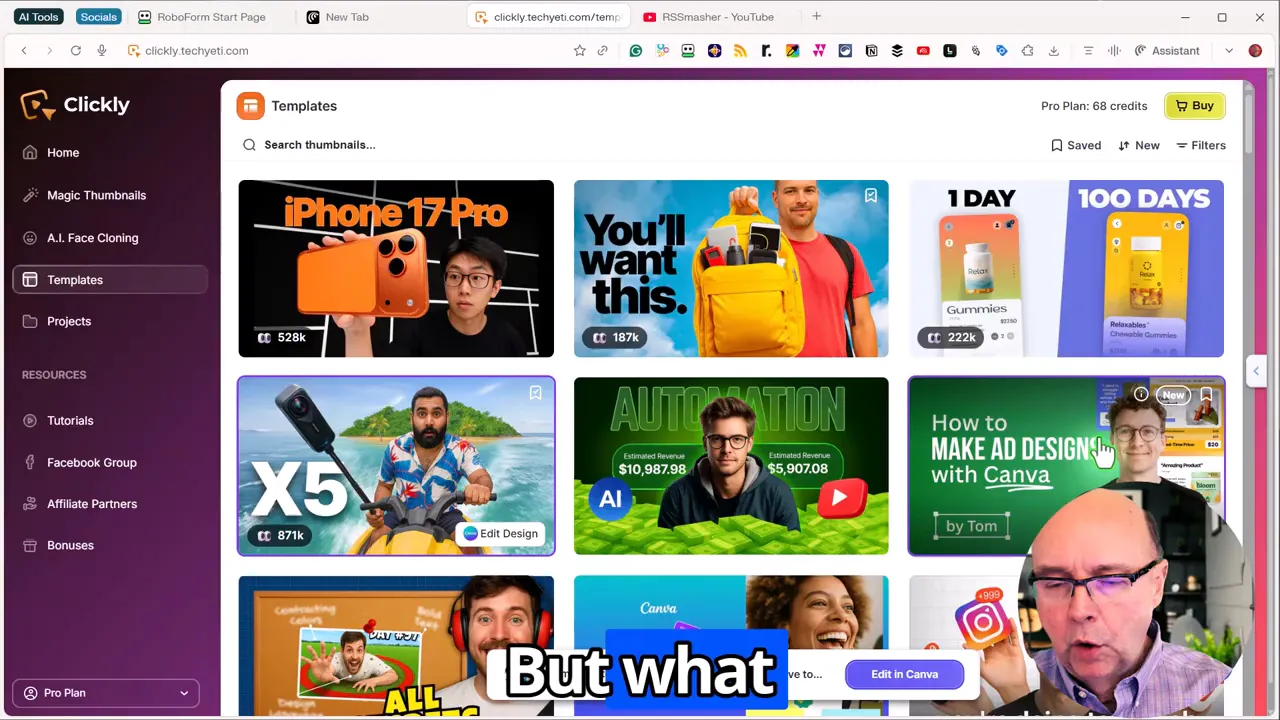 Clickly app templates library showing thumbnail presets and left-hand menu with Magic Thumbnails and A.I. Face Cloning