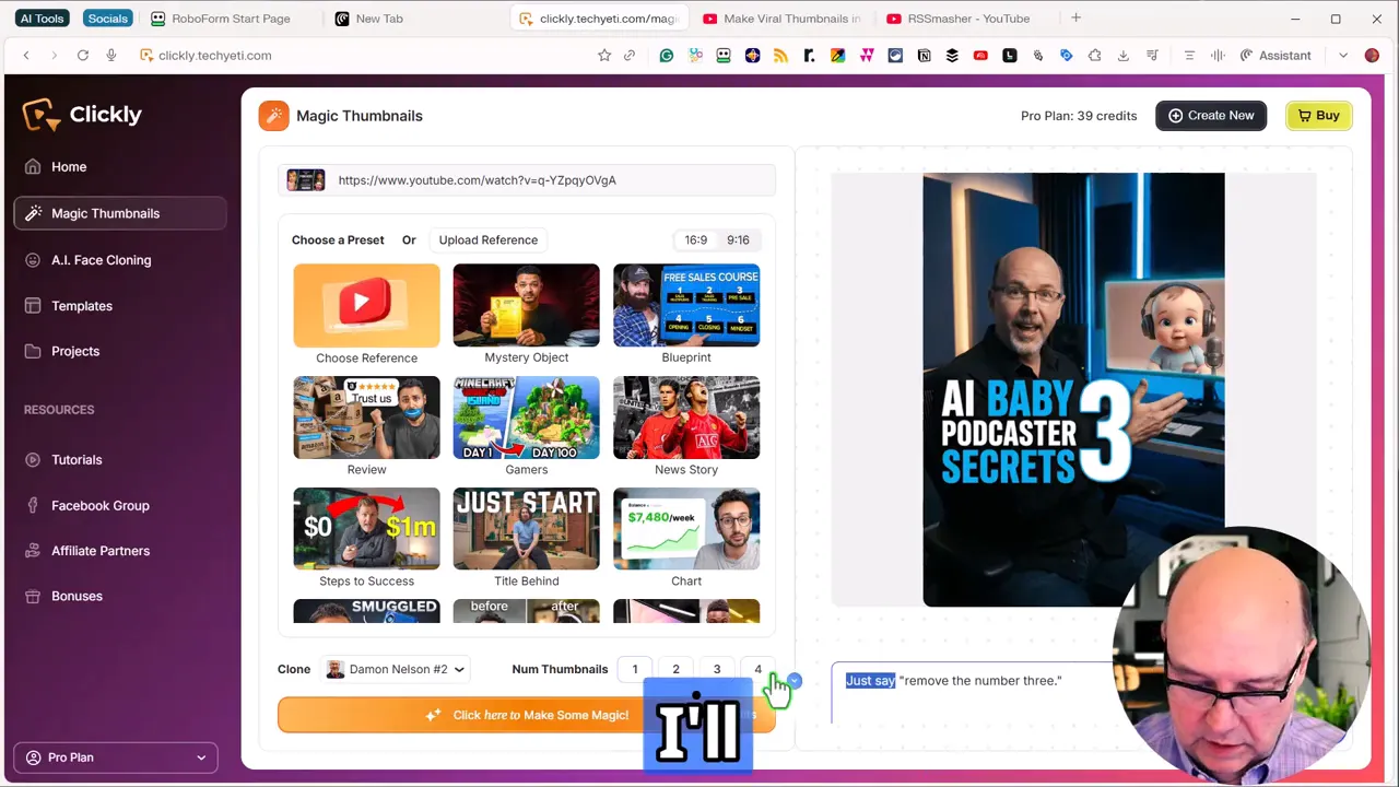 Clickly Magic Thumbnails showing the preset grid and the right-hand preview with an active edit bubble saying
