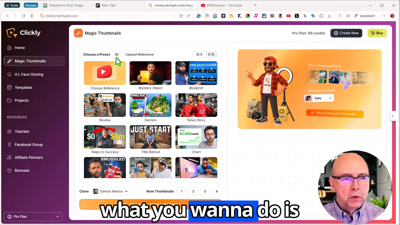 Clickly Magic Thumbnails interface with template presets grid, preview pane, and face-clone avatar in the corner.