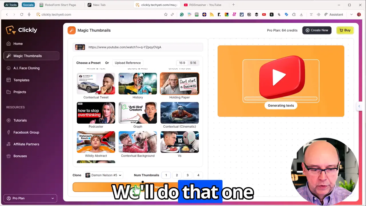 Clickly template preset gallery on the left with a large preview on the right showing the thumbnail layout and presenter inset