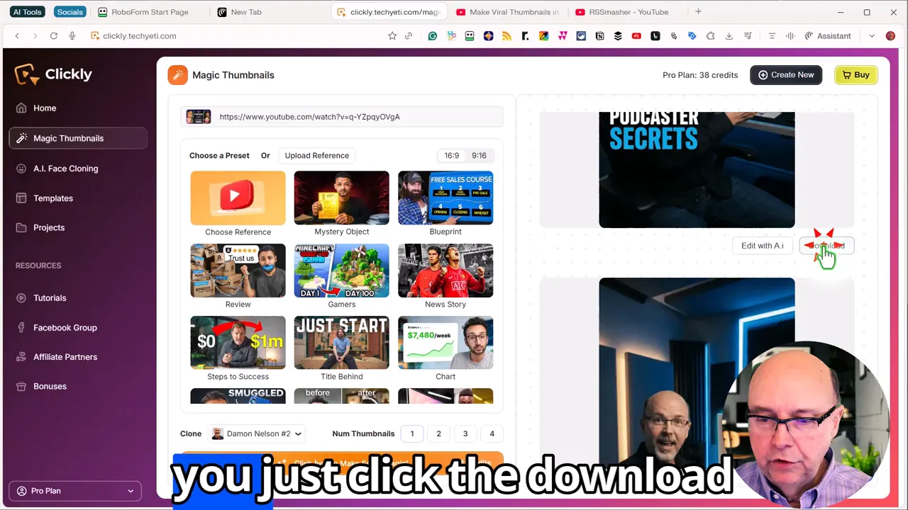 Clickly Magic Thumbnails interface showing a generated thumbnail on the right with the 'Edit with A.I.' quick-edit button visible and a presenter inset