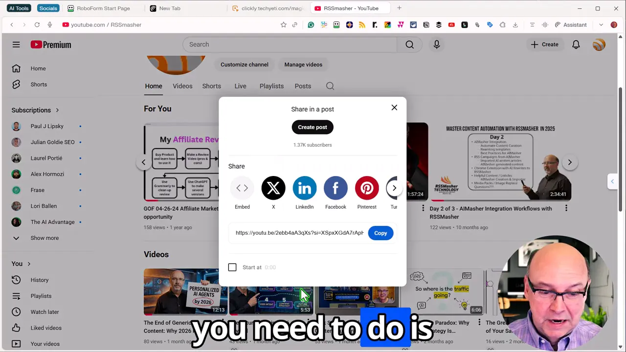 YouTube Share dialog open with social icons and the Copy button showing the video link