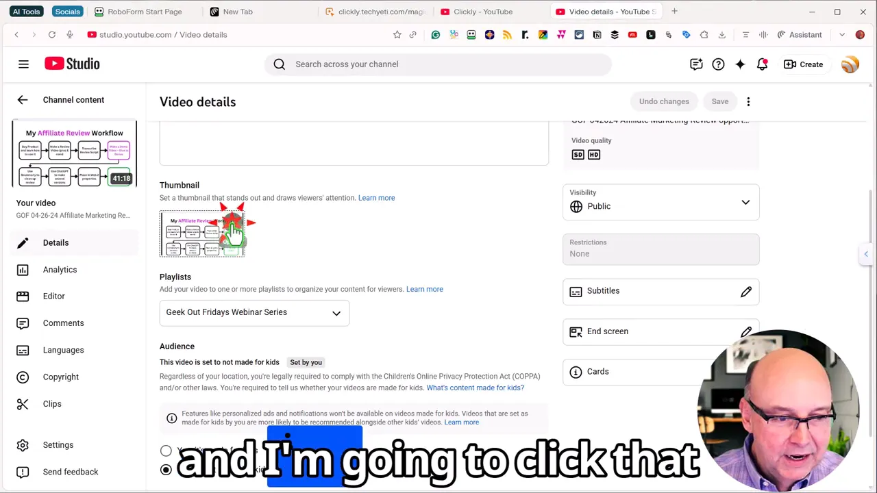YouTube Studio video details page showing thumbnail selection with a cursor over the thumbnail and a presenter inset