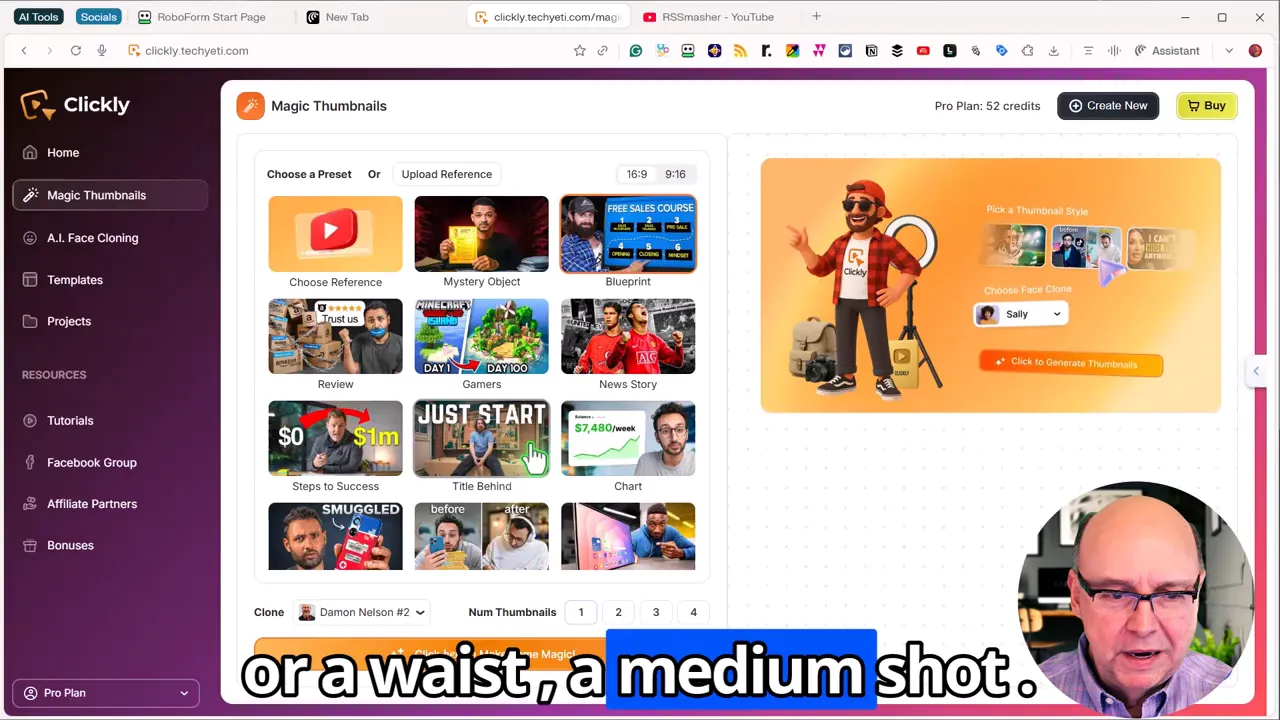 Clickly Magic Thumbnails interface showing template choices and the 'Choose Face Clone' dropdown with a sample avatar and generate button