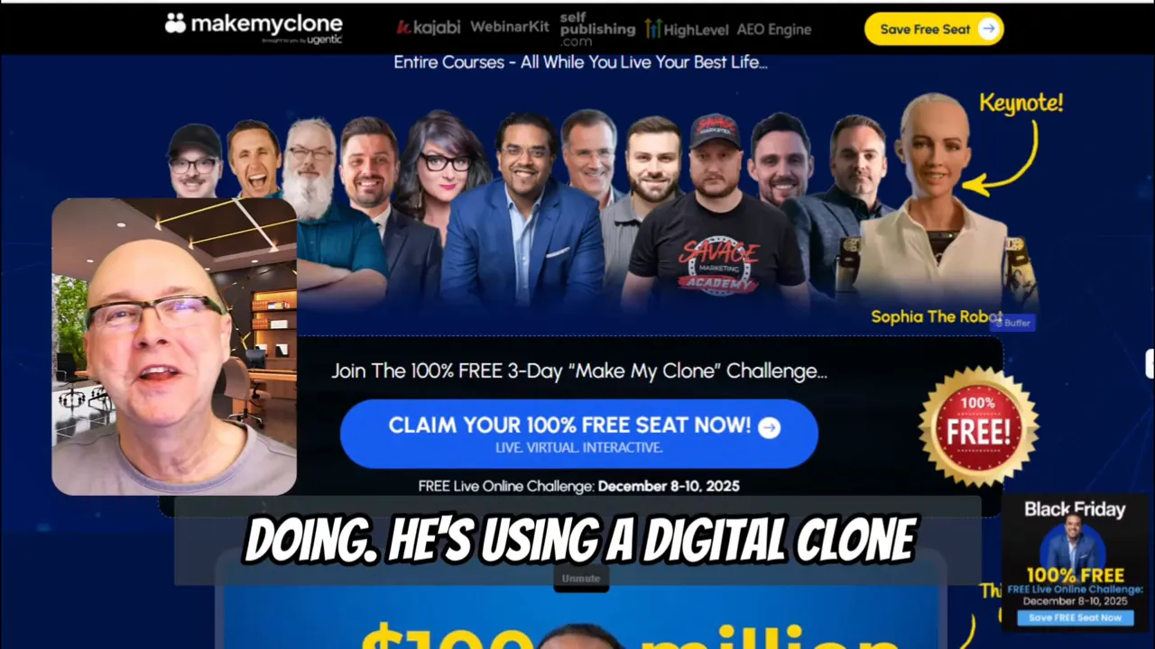 Landing page screenshot with a row of presenter headshots, a humanoid robot labeled 'Keynote', an inset presenter video, and a prominent call-to-action button.