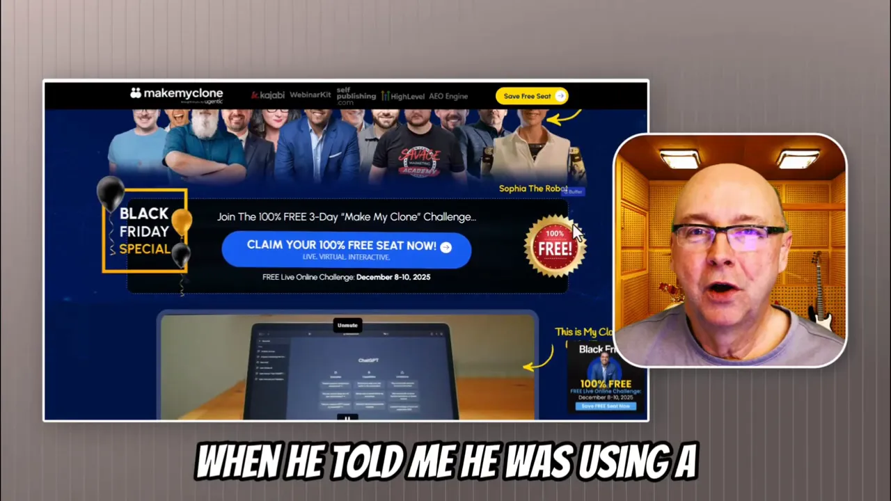 Landing page screenshot showing a large 'CLAIM YOUR 100% FREE SEAT NOW' CTA, a laptop demo panel lower on the page, and a rounded presenter video inset at the right.