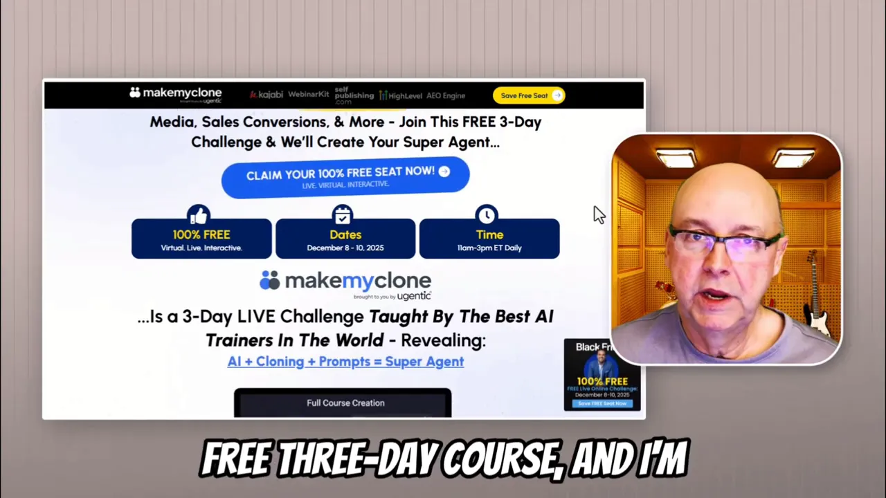 Clear screenshot of the MakeMyClone three-day AI clone challenge landing page with presenter video inset.