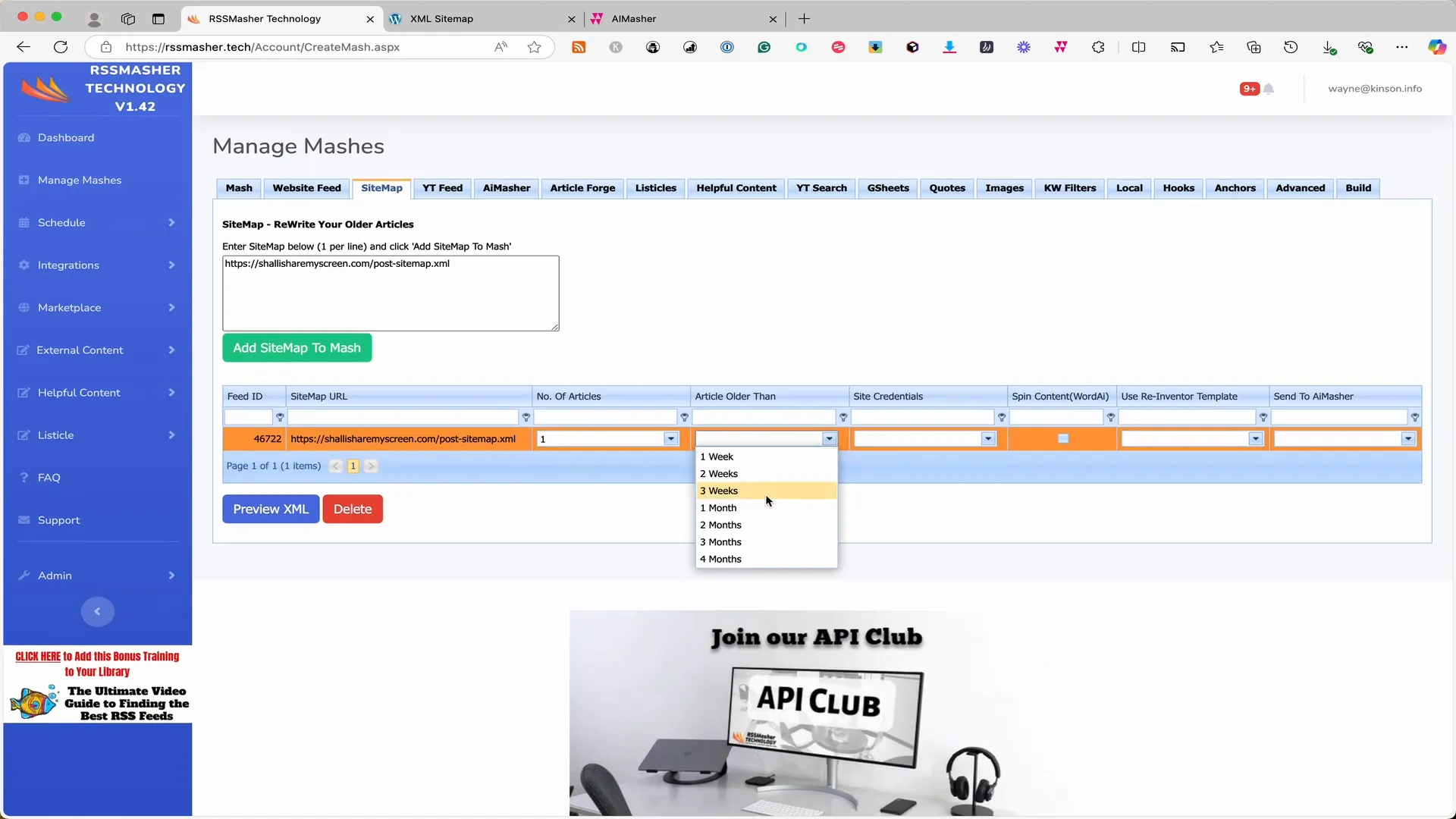 Defining article criteria in RSS Masher