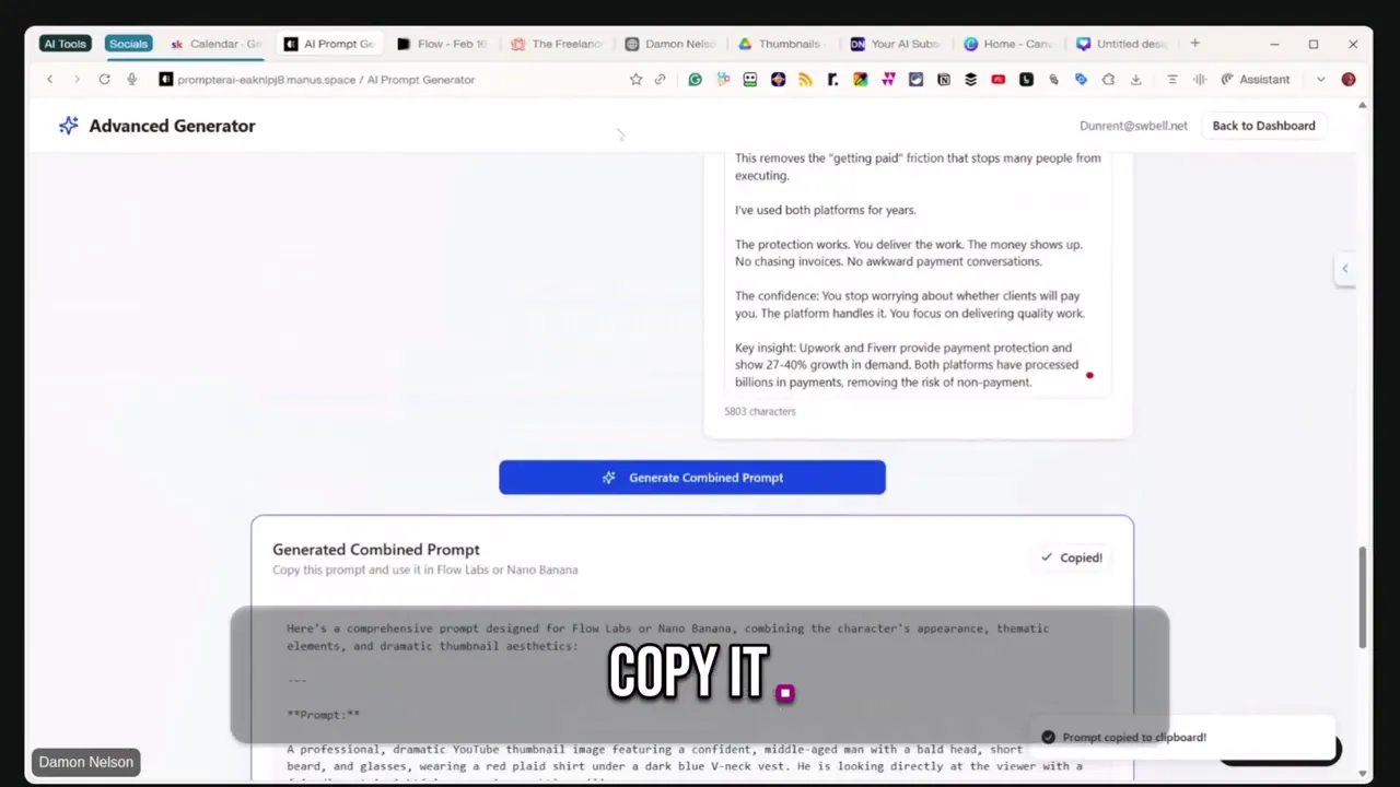 Screen showing a 'Generated Combined Prompt' box and the 'Generate Combined Prompt' button with an on-screen 'COPY IT' overlay.