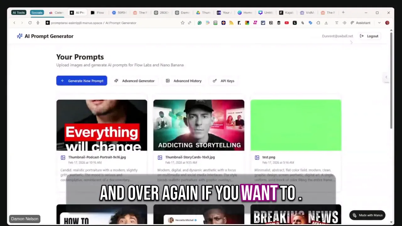 Prompt generator dashboard showing a grid of saved thumbnail previews under 'Your Prompts' with a 'Generate New Prompt' button.