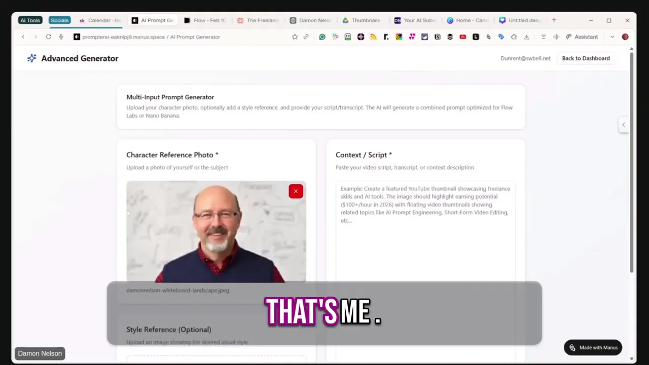 Advanced generator form with a clear uploaded character photo in the character reference panel and overlay text 'That's me'.