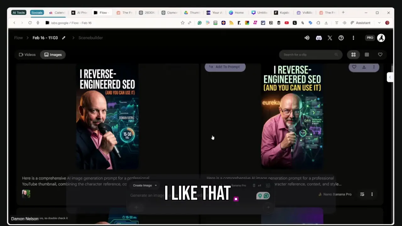 Flow results page showing two clear vertical thumbnail options side-by-side in the gallery view with a small control overlay and a brief on-screen caption 'I LIKE THAT'.
