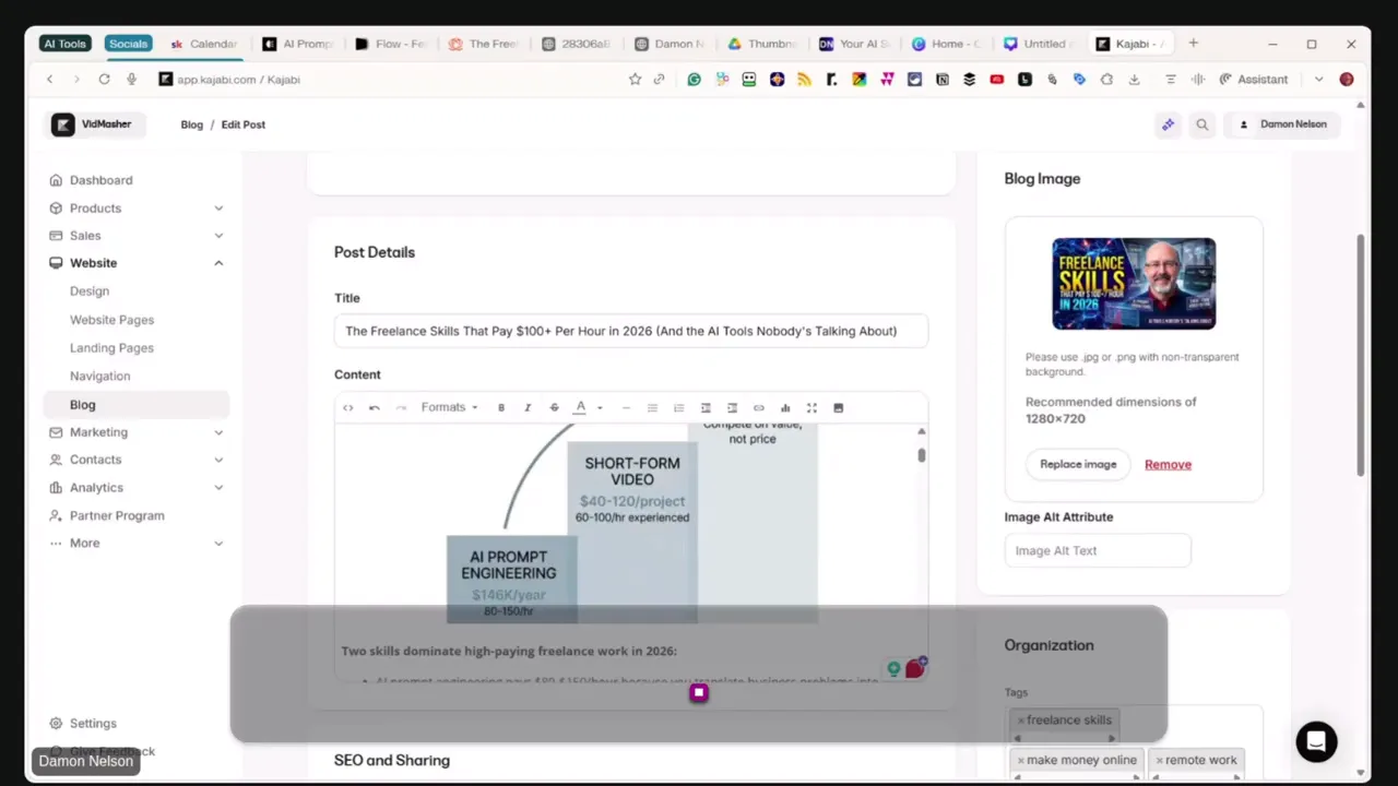 Kajabi blog editor showing post details with the selected thumbnail visible in the Blog Image preview panel on the right.