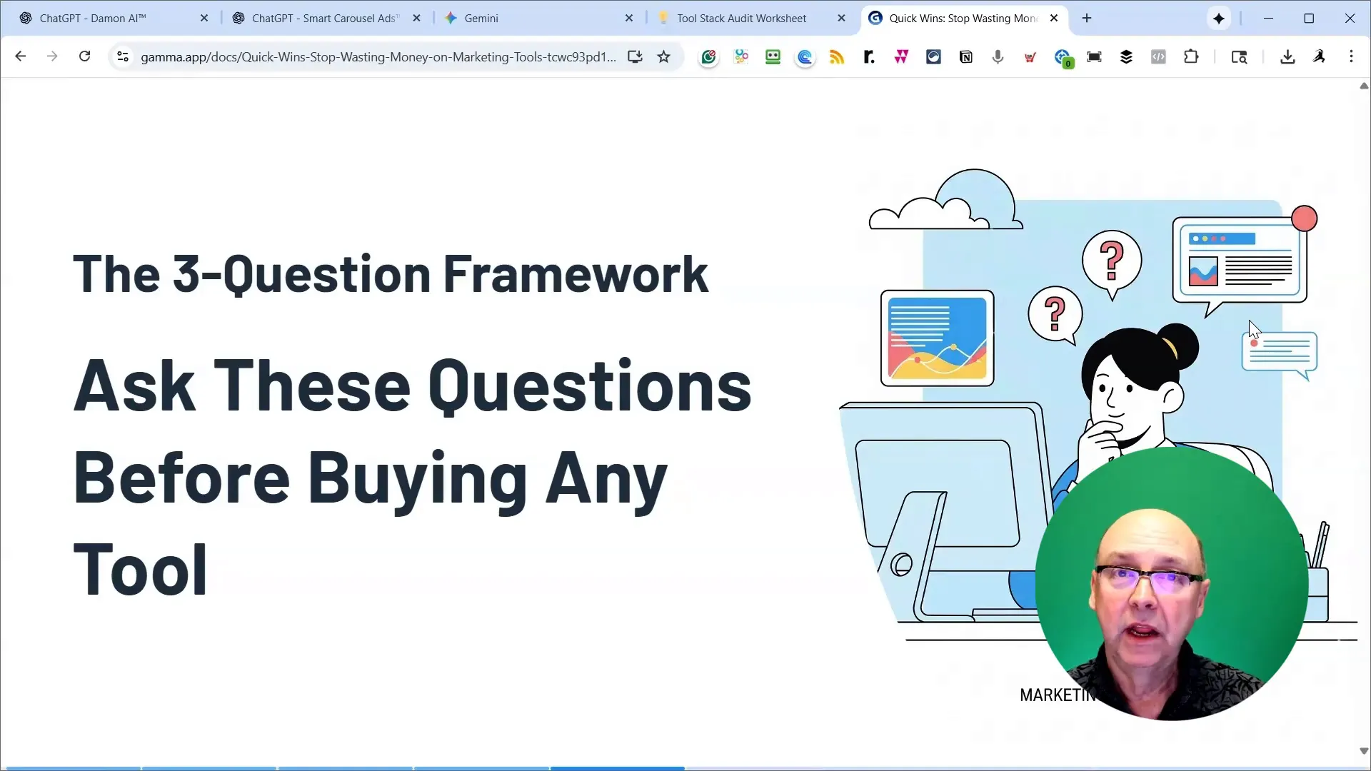 Explaining the three-question framework on-screen